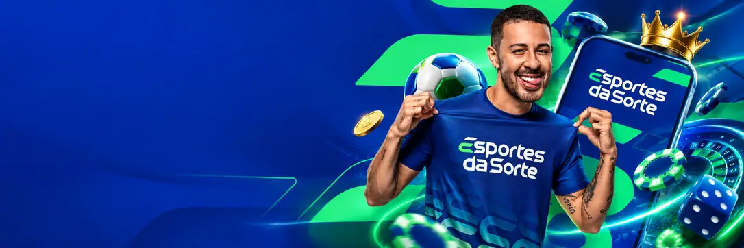 Esportes da Sorte login para jogos rápidos: banner com celular, fichas e jogador de camisa azul